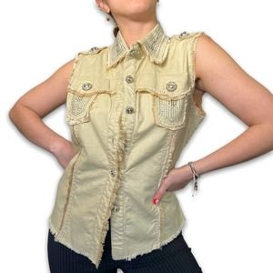Y2K Papaya Deadstock Cream Bedazzled Linen Vest